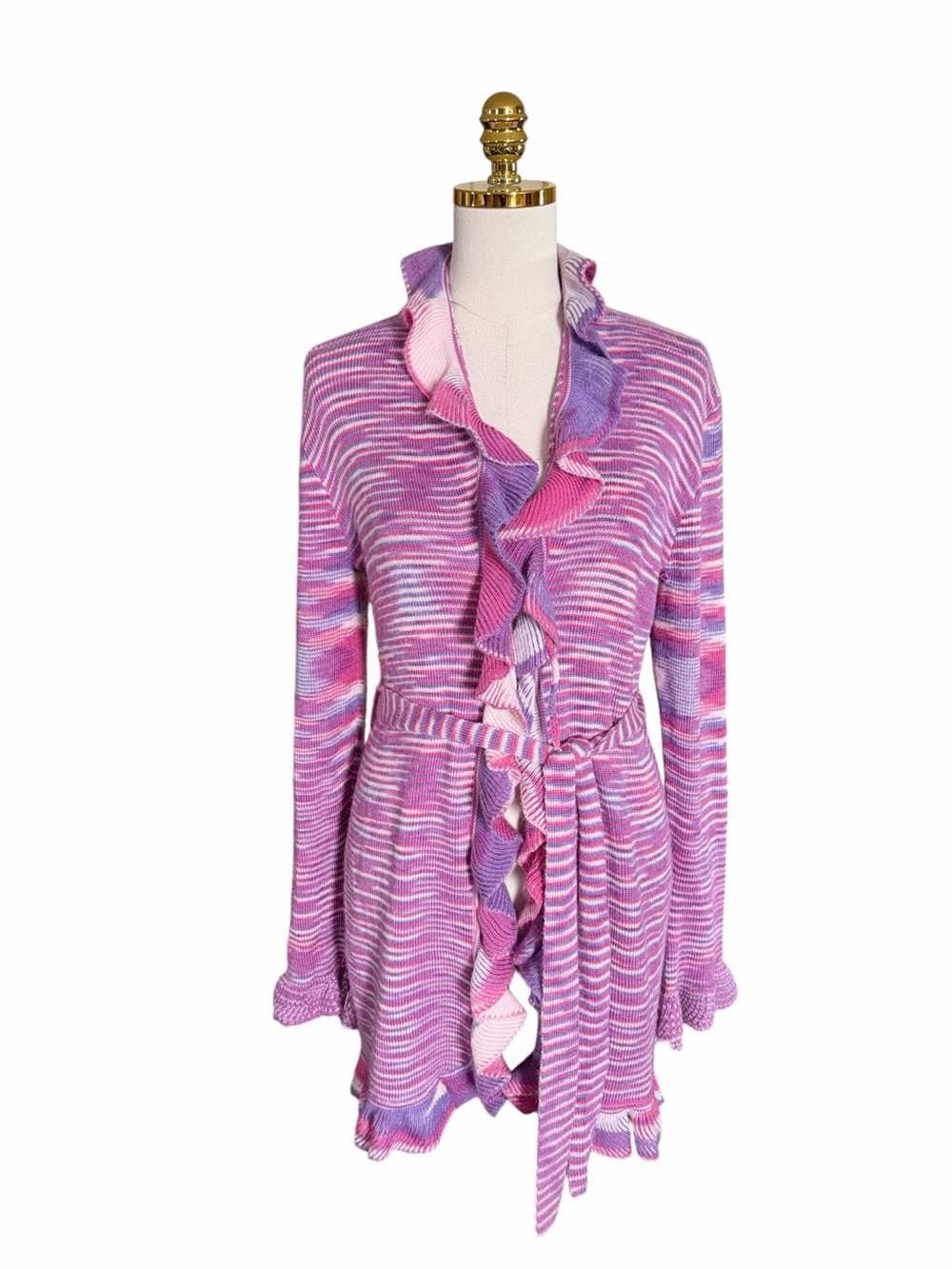 Lael Alpaca USA Women’s Y2K Space Dye Ruffle Knit Belted Cardigan Jacket Large